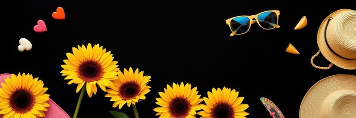Obraz premium A striking black background contrasts with bright, summery objects such as sunflowers, sunglasses, and beach accessories, relaxation, vibrant