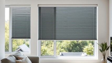 Fototapeta premium A sleek blind window made of white PVC material, allowing sunlight to filter through in a modern living room setting, PVC, design