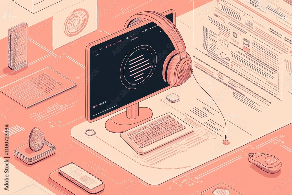 Poster a modern digital workspace featuring a computer, headphones, and various tech devices in a minimalis
