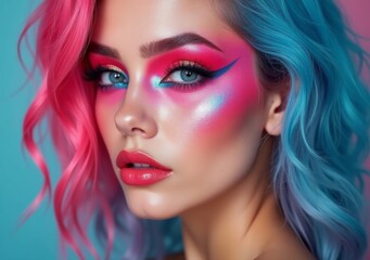 Fototapeta premium Vibrant makeup showcase: model with pink and blue hair on a blue background