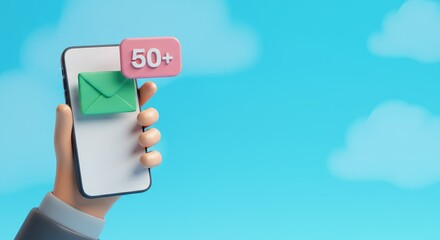 Fototapeta premium Hand holding smartphone with email notification over blue sky background