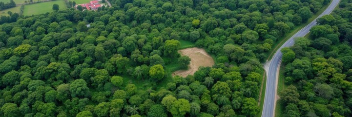 Obraz premium Aerial view of a lush green landscape with winding road and dense foliage, scenery, foliage