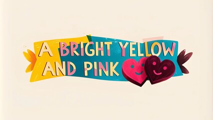 A bright yellow and pink banner with colorful hearts and playful design
