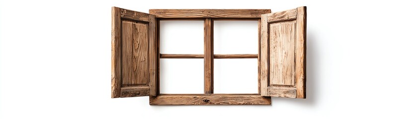A rustic wooden window with open shutters, showcasing a simple and natural design, inviting light and fresh air indoors.