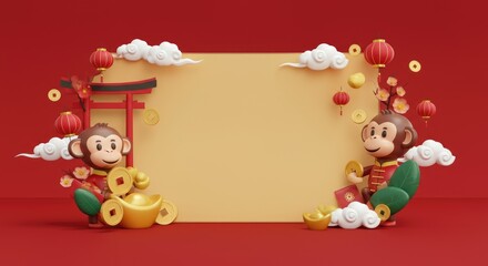 Fototapeta premium Lunar New Year card with monkeys, lanterns, and gold ingots against red background
