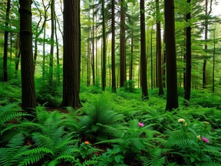 Obraz premium A lush green forest with tall trees, ferns, and wildflowers in a secluded woodland setting, greenery, environment