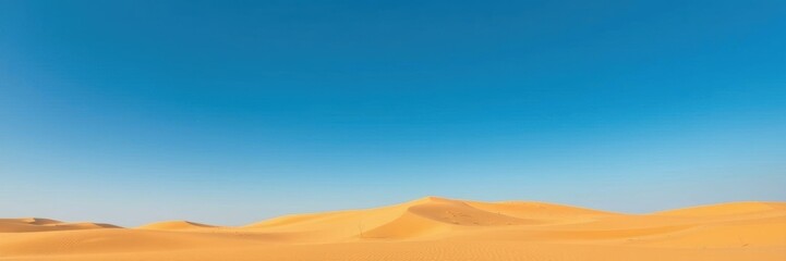 Vast expanse of golden sand dunes under a clear blue sky in the Dubai desert, nature, landscape