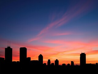 Silhouettes of city buildings against a colorful dusk sky, cityscape, urban silhouette
