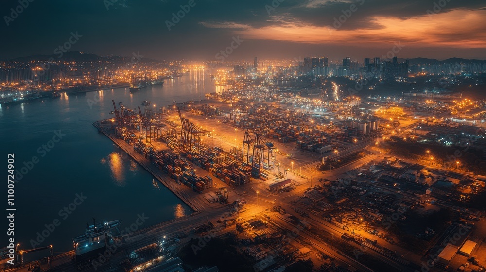 Poster a vibrant nighttime view of a busy port, featuring illuminated cranes and shipping containers along 