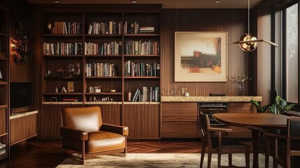A modern living room with a large bookcase, a leather armchair, a round wooden table, and a painting on the wall.