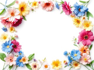 Obraz premium Blue flowers arranged in a regular flowery frame against a white background with copy space, decoration, beauty