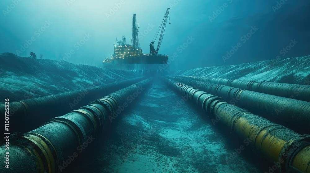 Poster beneath the waves, a network of underwater oil pipelines stretches across the ocean floor, with a la