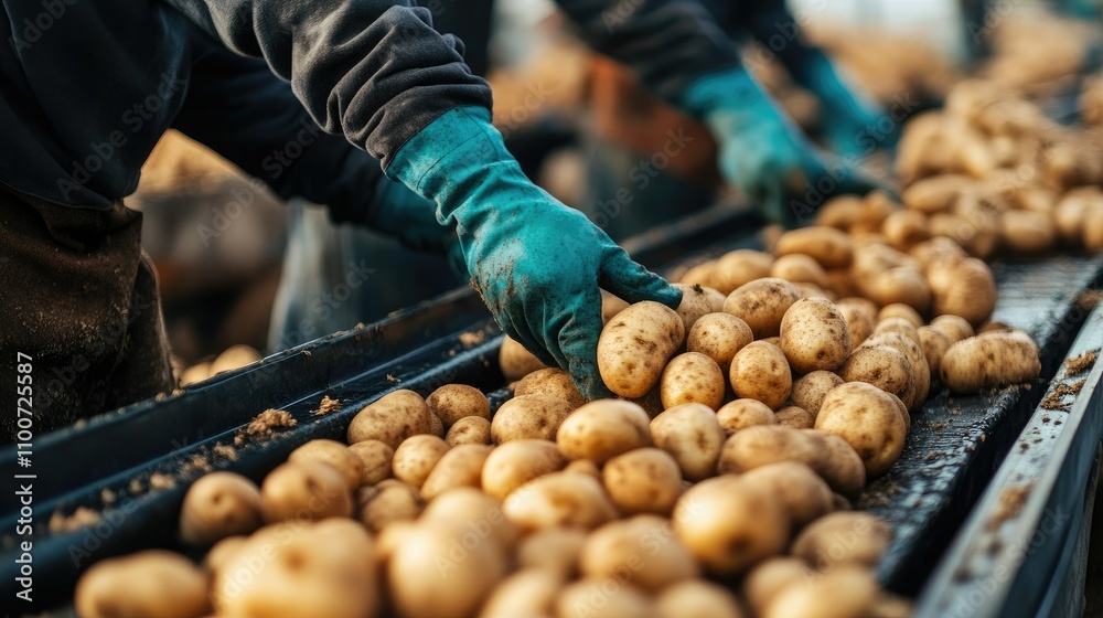 Aufkleber close-up of workers sorting through freshly harvested potatoes on a conveyor belt in a busy agricult
