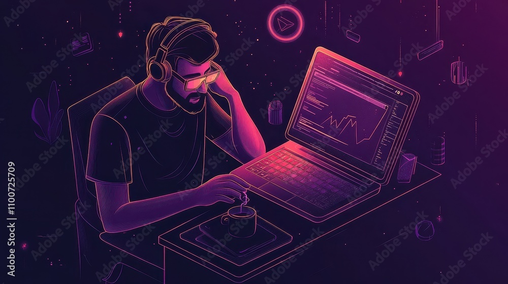 Poster a focused individual analyzes data on a laptop, surrounded by vibrant digital elements, embodying th