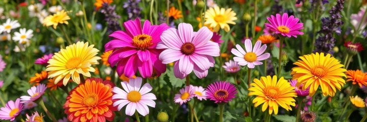 Fototapeta premium A vibrant and refreshing image of various blooming flowers in a spring garden, flowers, bright