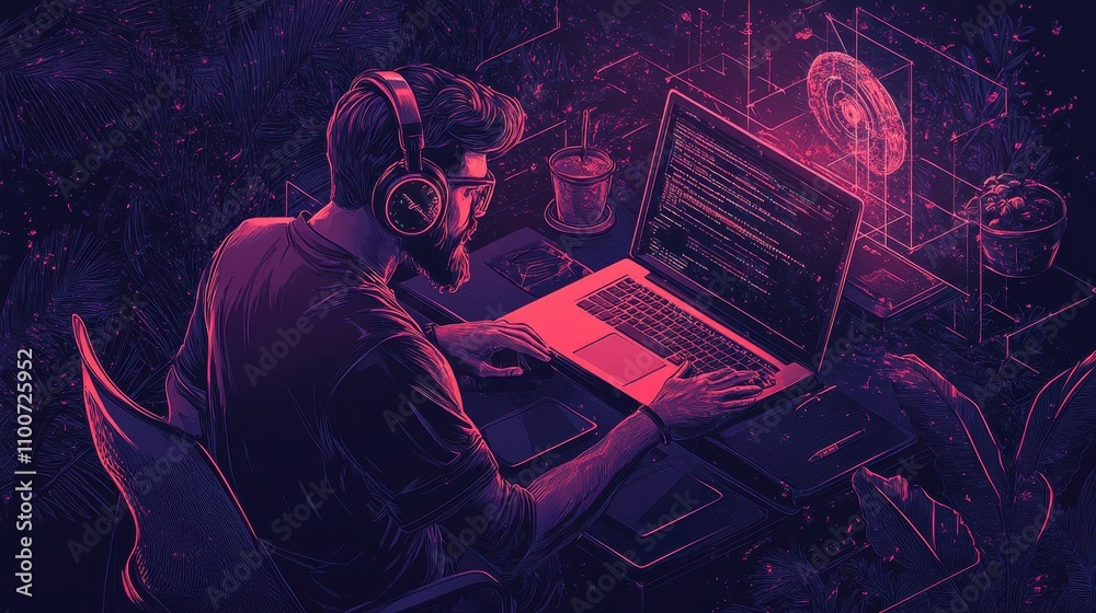 Poster a tech-savvy individual wearing headphones, focused on coding at a laptop, surrounded by digital gra