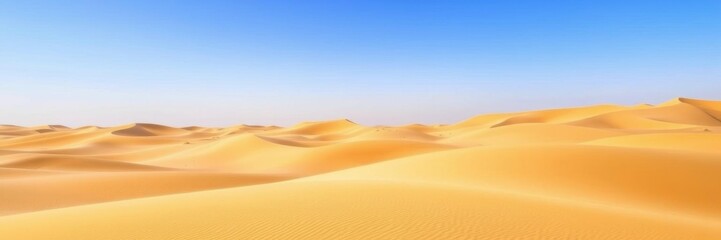 Vast expanse of golden sand dunes under a clear blue sky in the Dubai desert, sand, remote