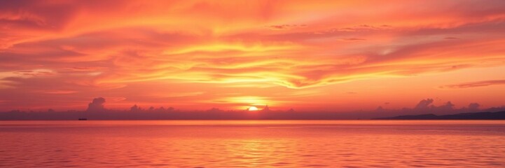 Obraz premium Vibrant orange and pink sunset over calm water with glowing clouds, dramatic, beauty