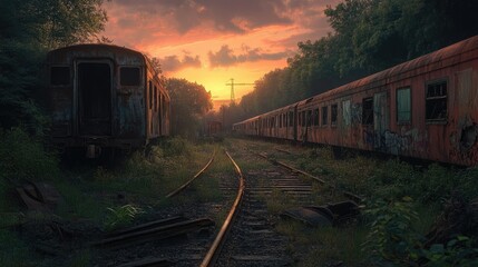 Obraz premium The fading light of sunset casts a warm glow on rusted train cars, with overgrown tracks and debris scattered around, creating a scene of quiet nostalgia and forgotten history