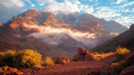 Naklejka premium Sunrise over rugged mountains with golden desert vegetation.