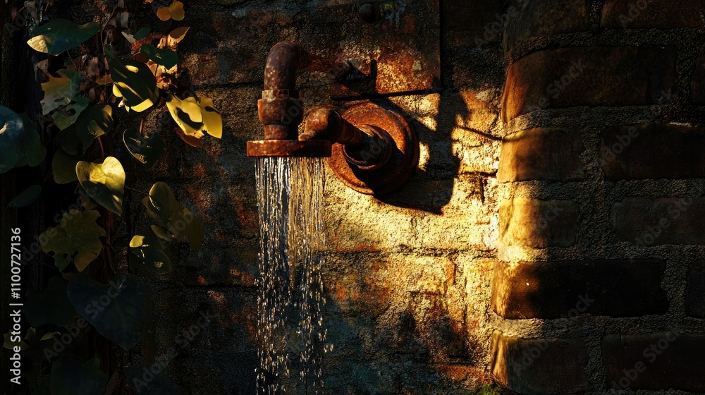 Aufkleber water flows gently from a rusted faucet mounted on a brick wall, bathed in the warm glow of fading a