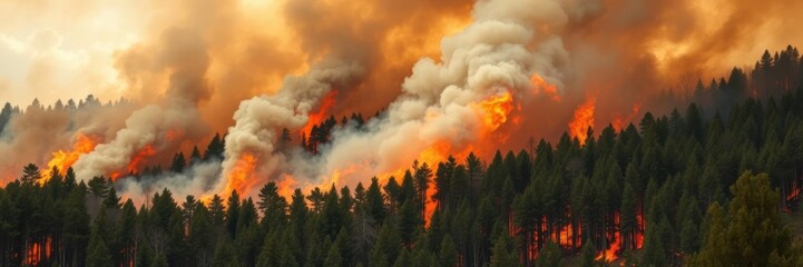 Fototapeta premium An intense blaze engulfing a forest, with thick smoke billowing up towards the sky, disaster, forest