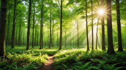 A beautiful and vibrant nature wallpaper featuring a lush green forest with sunlight filtering through the trees, creating a serene and peaceful atmosphere, trees, tranquil