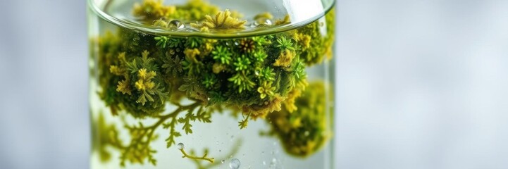 Fototapeta premium A close-up shot of a clear bottle filled with refreshing moss water, showcasing its natural and organic properties, sustainable, eco-friendly