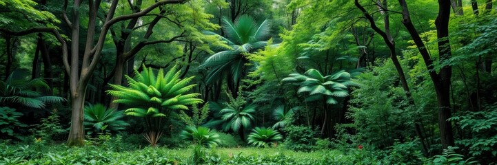 Obraz premium A lush, green forest with a diverse array of trees, plants, and wildlife, wilderness, environment