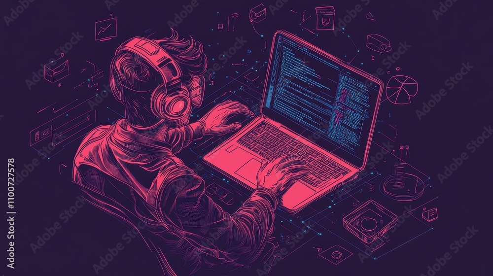Poster a digital illustration of a person coding on a laptop, surrounded by abstract tech elements, radiati