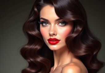 Fototapeta premium Beautiful woman with wavy hair and bold lipstick posing for a close-up portrait