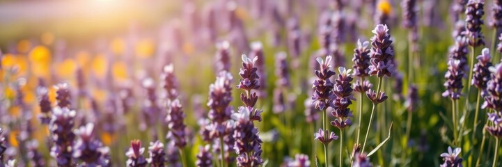 Fototapeta premium A close-up shot of blooming lavender flowers in a vibrant field under the sun, calming, nature