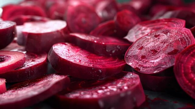 Vibrant close-up of sliced beetroots with rich textures and colors