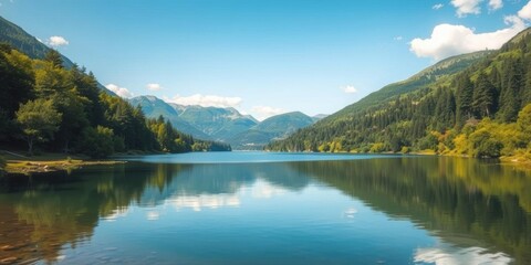 A scenic view of a tranquil lake surrounded by lush green trees and mountains in the background, idyllic, fog