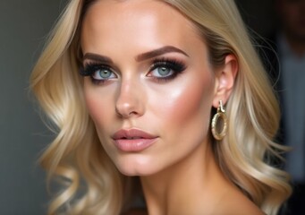 Fototapeta premium Elegant woman with stunning makeup and flowing blonde hair in a stylish setting