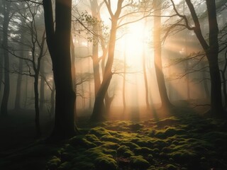 Obraz premium Enchanted forest with sunlight filtering through foggy trees and moss-covered ground, mystical creatures, mystical beings