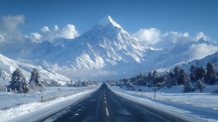 A serene winter landscape featuring a snow-covered mountain and a long, empty road.