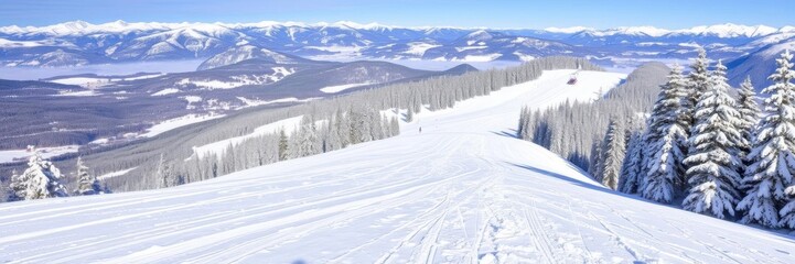 Obraz premium Fresh snow groomer tracks leading down a perfectly groomed ski piste, adventure, skiing