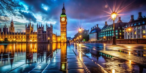 Obraz premium Nighttime Elegance: Illuminated Big Ben with Wet Reflections in a Fashionable Cityscape Setting Captured in Stunning Detail for Urban Photography Enthusiasts