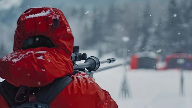 Person aiming sniper rifle in snowy outdoor landscape