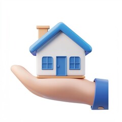 Naklejka premium Single Minimalist House Icon Held in a Corporate Handof Blue Business Suit