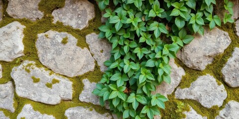 Green moss and vibrant leaves covering a weathered stone wall, foliage, organic