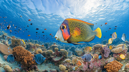Obraz premium Vibrant tropical fish swimming near colorful coral reef underwater.