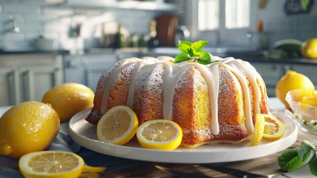 Delicious lemon bundt cake with icing and fresh lemons on the table