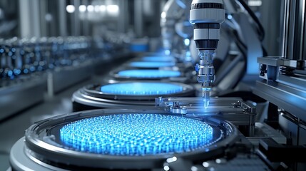 Futuristic Microchip Production with Glowing Silicon Wafers and Advanced Robotic Assembly