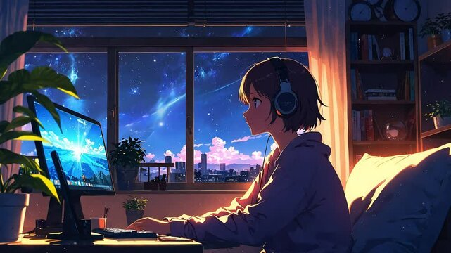 Lo-Fi Animation: Calm Room with Headphones and Gentle Vibes