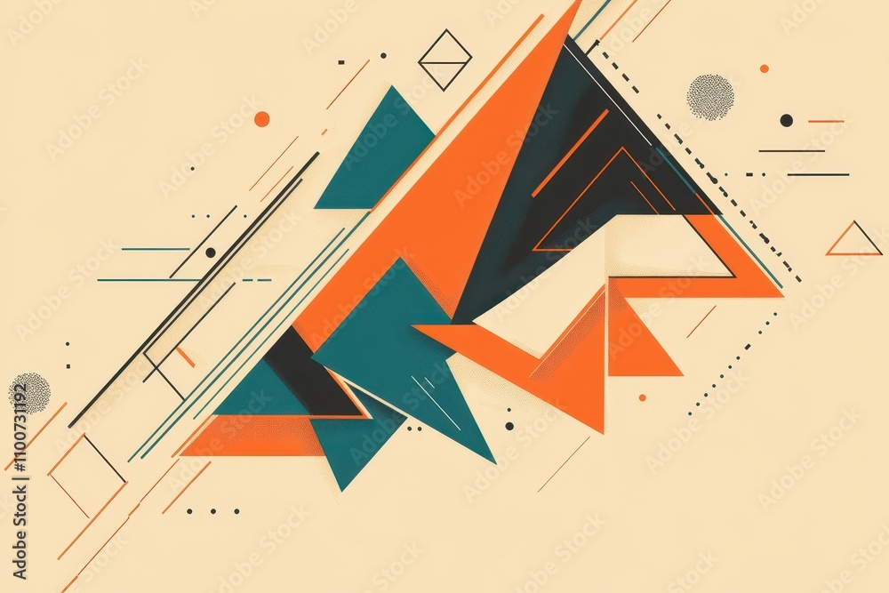 Poster A vibrant abstract design featuring geometric shapes in orange, teal, and black against a beige background, creating a dynamic visual effect.