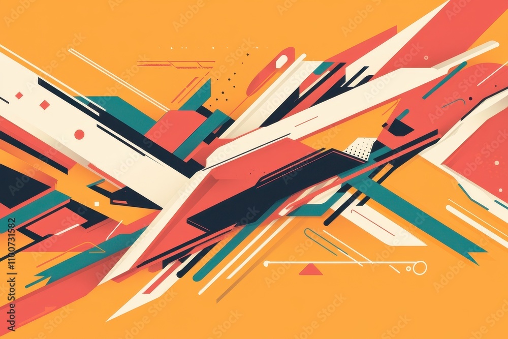 Poster A vibrant abstract composition featuring dynamic lines and shapes in bold colors against a warm orange background.