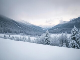Scenic winter wonderland landscape covered in fresh snow with snow-covered trees and mountains in the background, beauty, winter