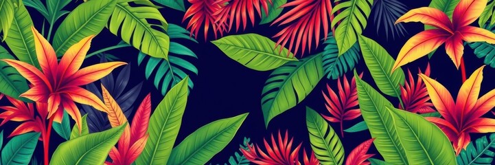 Fototapeta premium Seamless tropical pattern featuring exotic leaves and plants in a lush jungle setting, palm, wallpaper